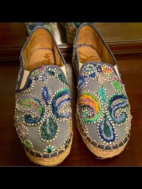 Sam Edelman Denim Espadrille Slip-Ons with Multicolor Embroidery